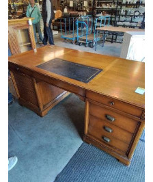 BUREAU RECTANGULAIRE A RIDEAU BOIS CLASSEUR 6 TIROIRS DESSUS CUIR NOIR 