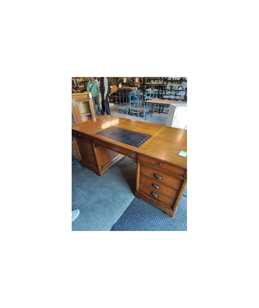 BUREAU RECTANGULAIRE A RIDEAU BOIS CLASSEUR 6 TIROIRS DESSUS CUIR NOIR 
