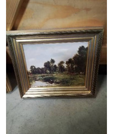 TABLEAU REPRODUCTION PAYSAGE DE FERME CADRE DORÉ 