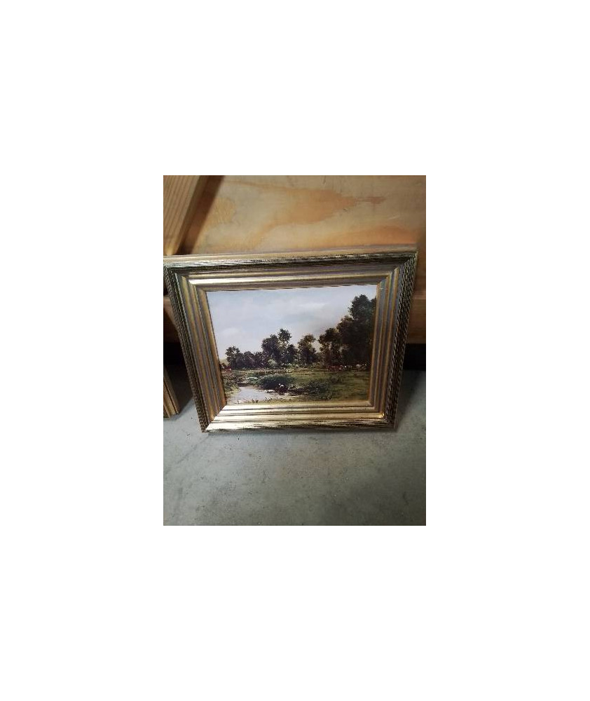 TABLEAU REPRODUCTION PAYSAGE DE FERME CADRE DORÉ 