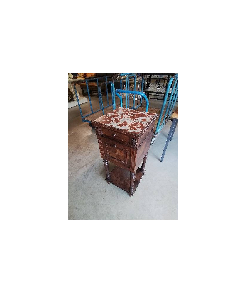 CHEVET ACAJOU A COLONNES 1 PORTE 1 TIROIR DESSUS MARBRE ROUGE VEINÉ FIN XIXE 