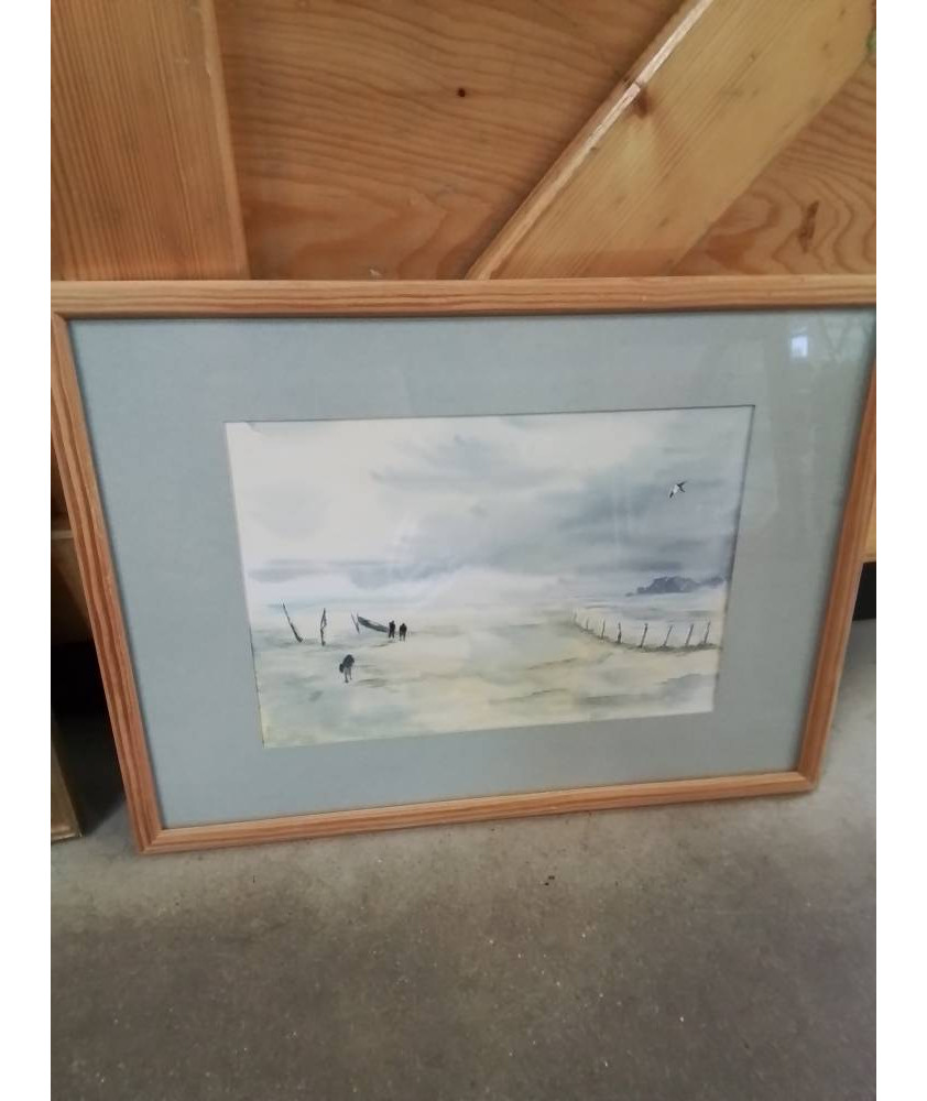 AQUARELLE PECHEURS BORD DE MER