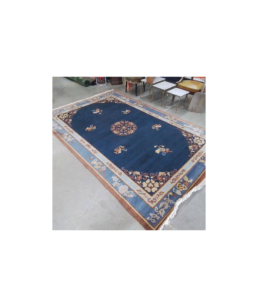 TAPIS BLEU MARRON A FRANGES