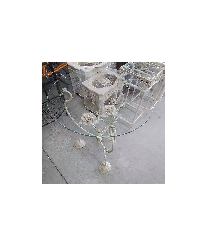 GUERIDON VERRE PIED METAL FLEURS