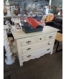 COMMODE BOIS ECRU LISERÉ BLEU 5 TIROIRS 