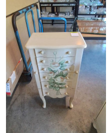 COMMODE A BIJOUX BOIS BLANC DÉCOR AUX ROSE 6 TIROIRS EN L\'ÉTAT 