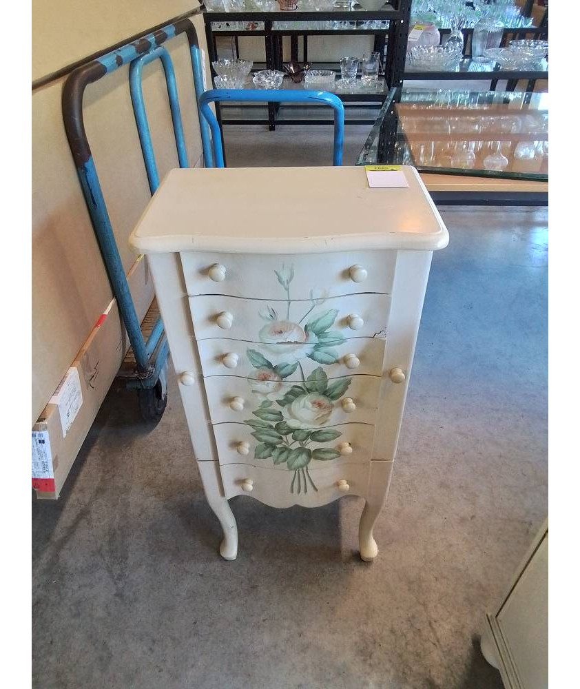 COMMODE A BIJOUX BOIS BLANC DÉCOR AUX ROSE 6 TIROIRS EN L\'ÉTAT 