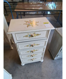 CHIFFONNIER BOIS ECRU DÉCOR AUX FLEURS PIEDS BOULES 5 TIROIRS 