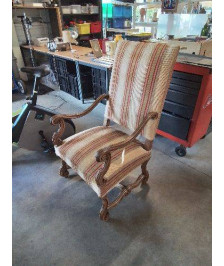FAUTEUIL LOUIS XV BOIS CAPITONNÉ TISSU ECRU A RAYURES 