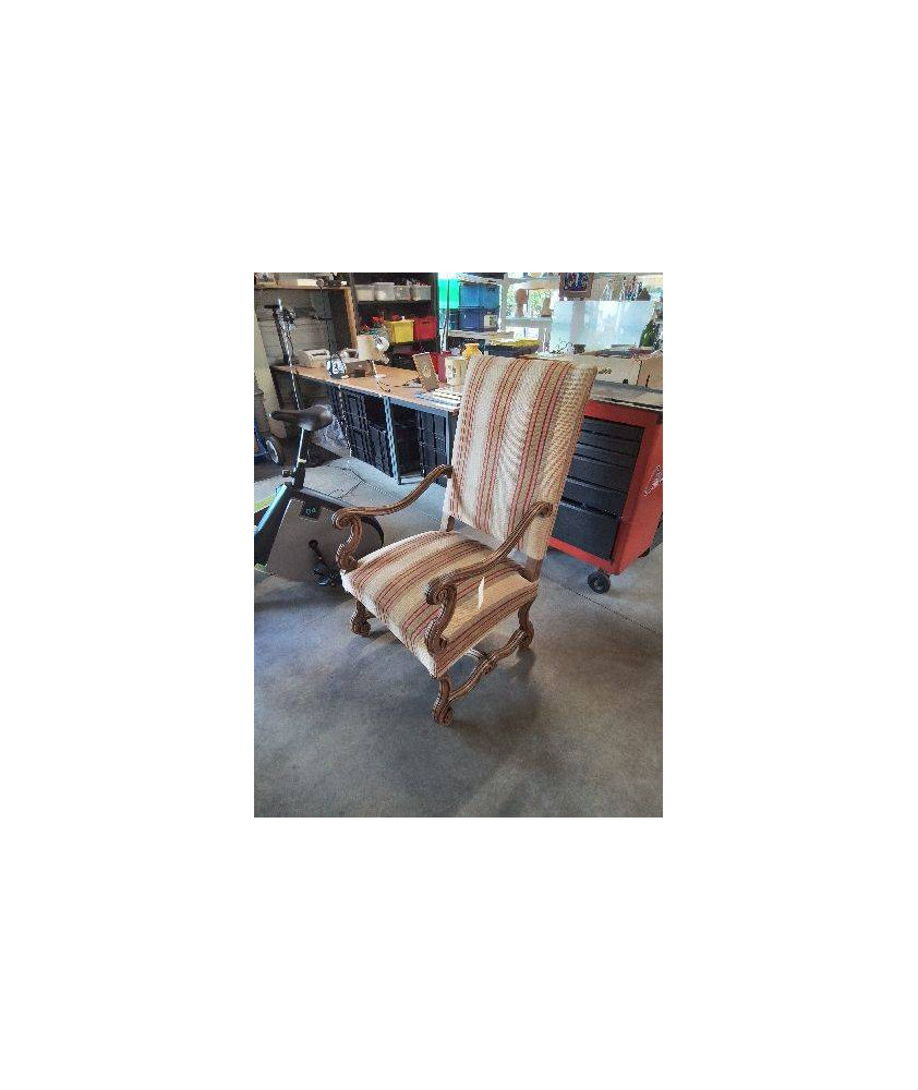 FAUTEUIL LOUIS XV BOIS CAPITONNÉ TISSU ECRU A RAYURES 