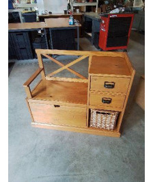 BANC COFFRE PIN DOSSIER A CROISILLON 2 TIROIRS 1 PANIER OSIER EN L\'ÉTAT 