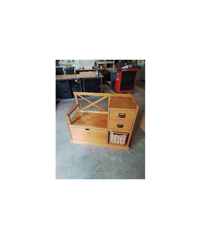 BANC COFFRE PIN DOSSIER A CROISILLON 2 TIROIRS 1 PANIER OSIER EN L\'ÉTAT 