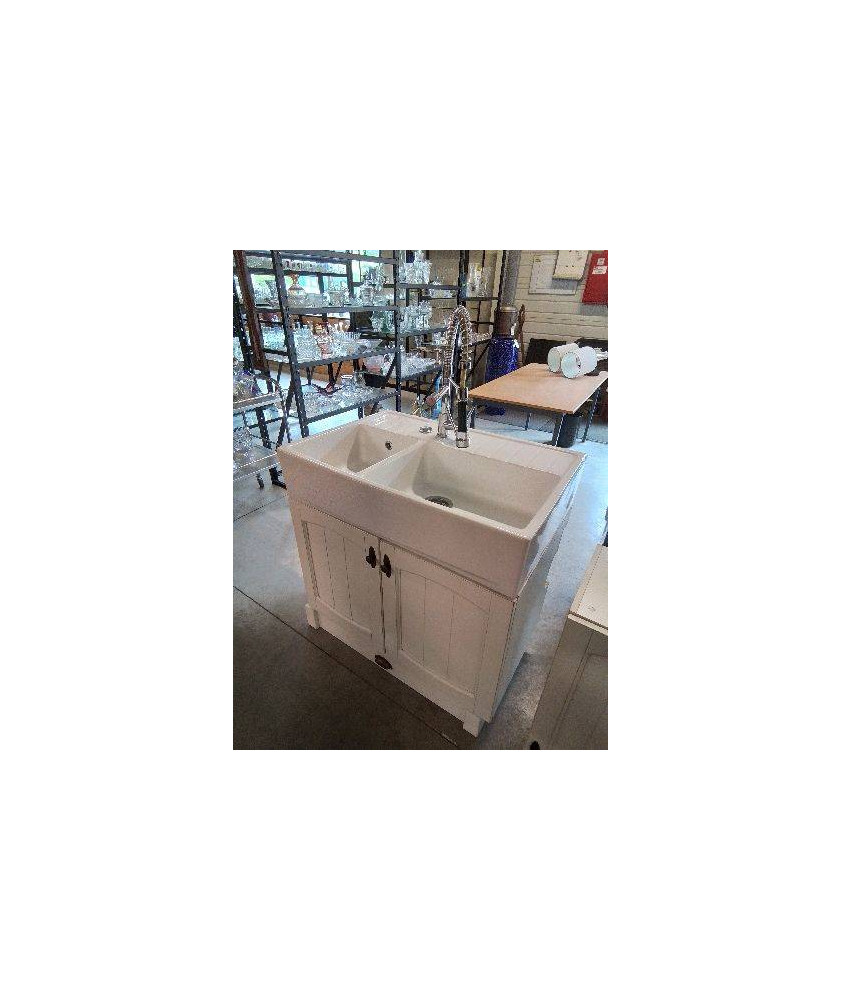 EVIER CÉRAMIQUE 2 BACS AVEC ROBINETERIE ET MEUBLE BOIS BLANC 2 PORTES 1 TIROIR