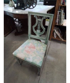 CHAISE BOIS VERT DOSSIER LYRE ASSISE TISSU VERT FLEURI STYLE LOUIS XVI