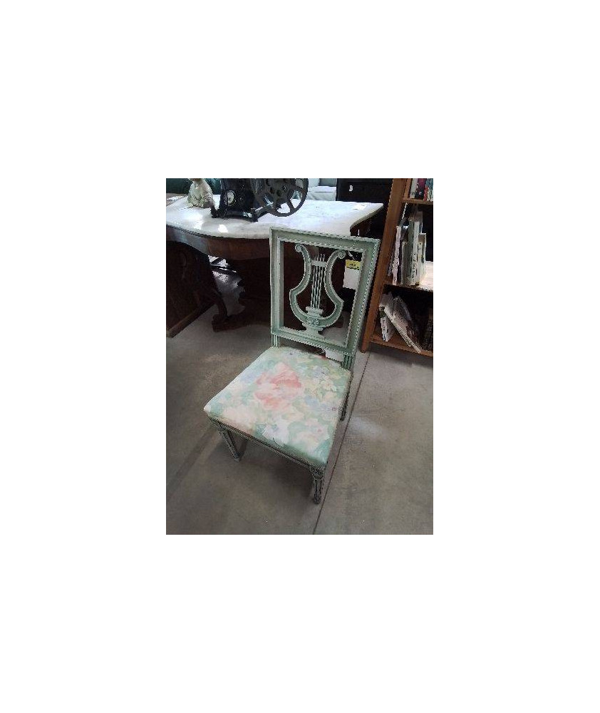 CHAISE BOIS VERT DOSSIER LYRE ASSISE TISSU VERT FLEURI STYLE LOUIS XVI