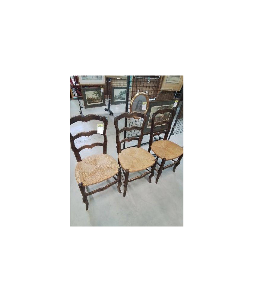 3 CHAISES BOIS PAILLÉ PIEDS GALBÉS DOSSIER 3 BARREAUX CHANTOURNÉ STYLE RÉGENCE 