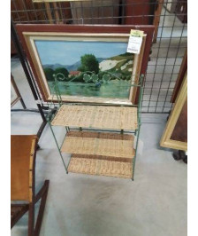 ÉTAGÈRE PLIANTE MÉTAL VERT ET VANNERIE 3 TABLETTES 
