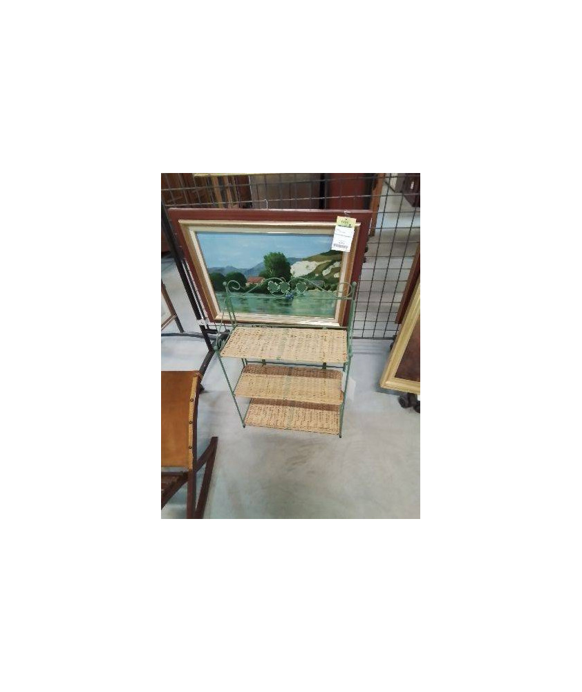 ÉTAGÈRE PLIANTE MÉTAL VERT ET VANNERIE 3 TABLETTES 
