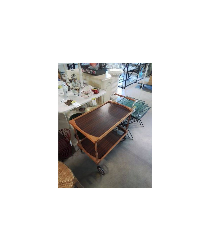 DESSERTE A ROULETTES BOIS ET FORMICA MARRON 2 NIVEAUX ANNÉES 70