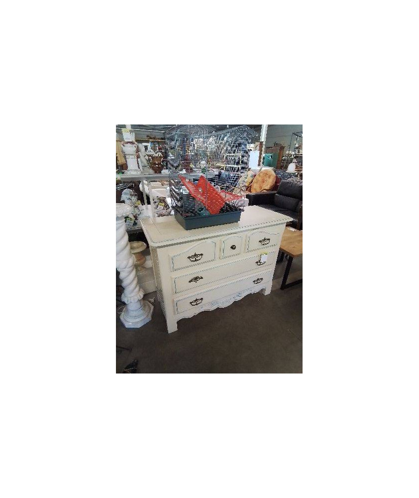COMMODE BOIS ECRU LISERÉ BLEU 5 TIROIRS 