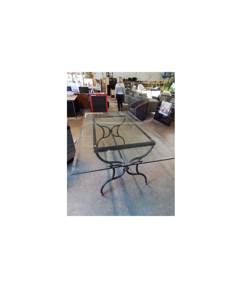 TABLE RECTANGULAIRE PIÈTEMENT FER FORGÉ NOIR PLATEAU VERRE 180X200X75CM