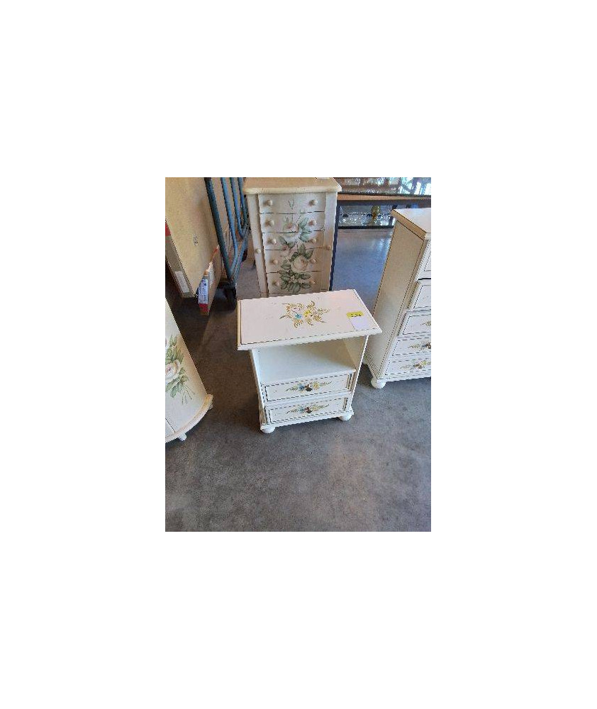 CHEVET BOIS BLANC DÉCOR AUX FLEURS 2 TIROIRS 1 NICHE PIEDS BOULES 