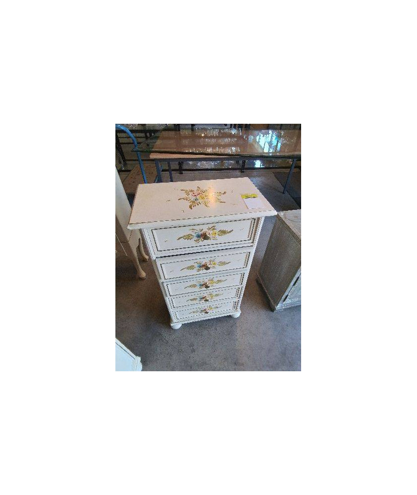 CHIFFONNIER BOIS ECRU DÉCOR AUX FLEURS PIEDS BOULES 5 TIROIRS 