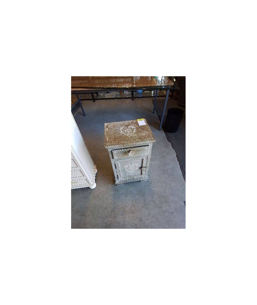 CHEVET BOIS GRIS DÉCOR AUX COEURS 1 TIROIR 1 PORTE EN L\'ÉTAT 