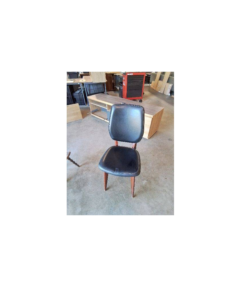 CHAISE BOIS ASSISE ET DOSSIER CAPITONNÉ SKAÏ NOIR ANNÉES 60