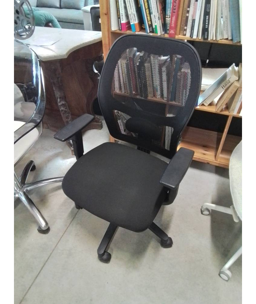 FAUTEUIL DE BUREAU A ROULETTES RÉSINE NOIR DOSSIER RÉGLABLE TISSU NOIR AJOURÉ 