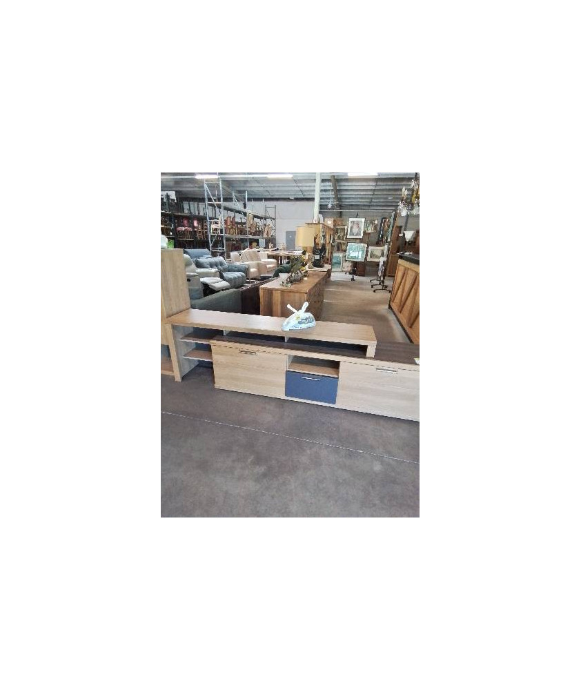MEUBLE TV BAS BOIS CLAIR ET GRIS 3 TIROIRS 6 NICHES BIANCO 