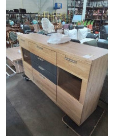 BUFFET BOIS CLAIR ET GRIS 2 PORTES VITRÉES 4 TIROIRS BIANCO