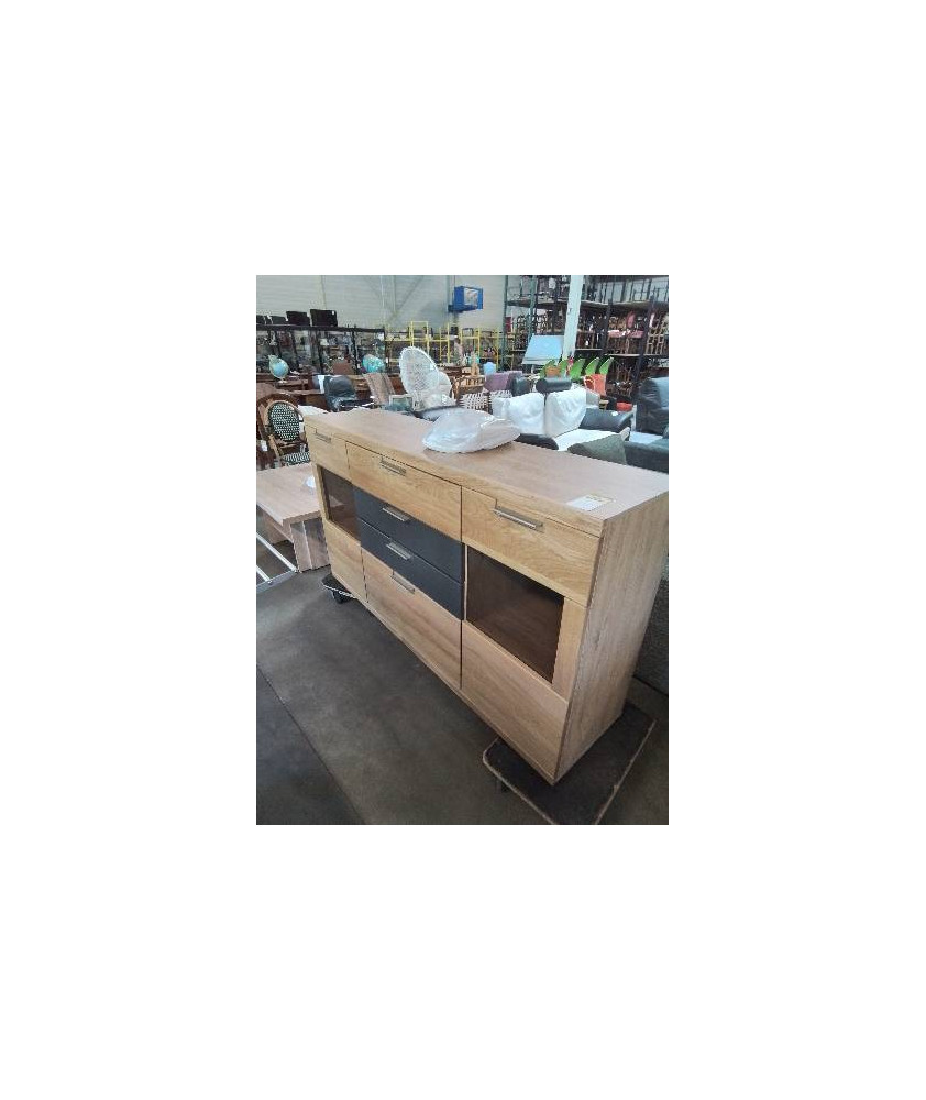 BUFFET BOIS CLAIR ET GRIS 2 PORTES VITRÉES 4 TIROIRS BIANCO