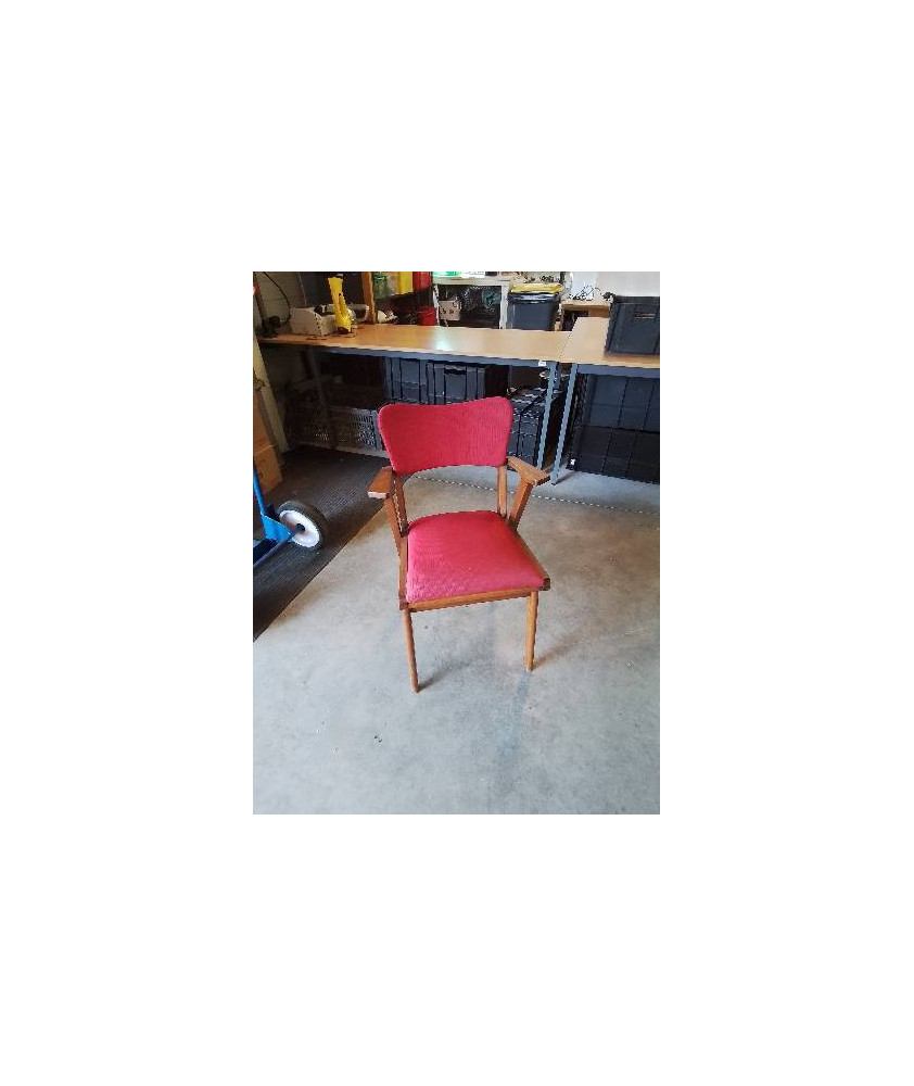 BRIDGE ANNÉES 60 BOIS ASSISE ET DOSSIER CAPITONNÉ TISSU ROUGE