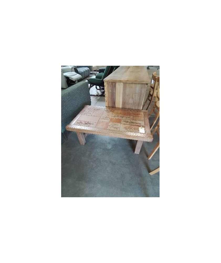 TABLE BASSE RECTANGULAIRE A ENTRETOISE PLATEAU CARRELÉ DÉCOR AUX FEUILLE VALLAURIS R.LEDUC ANNÉES 60