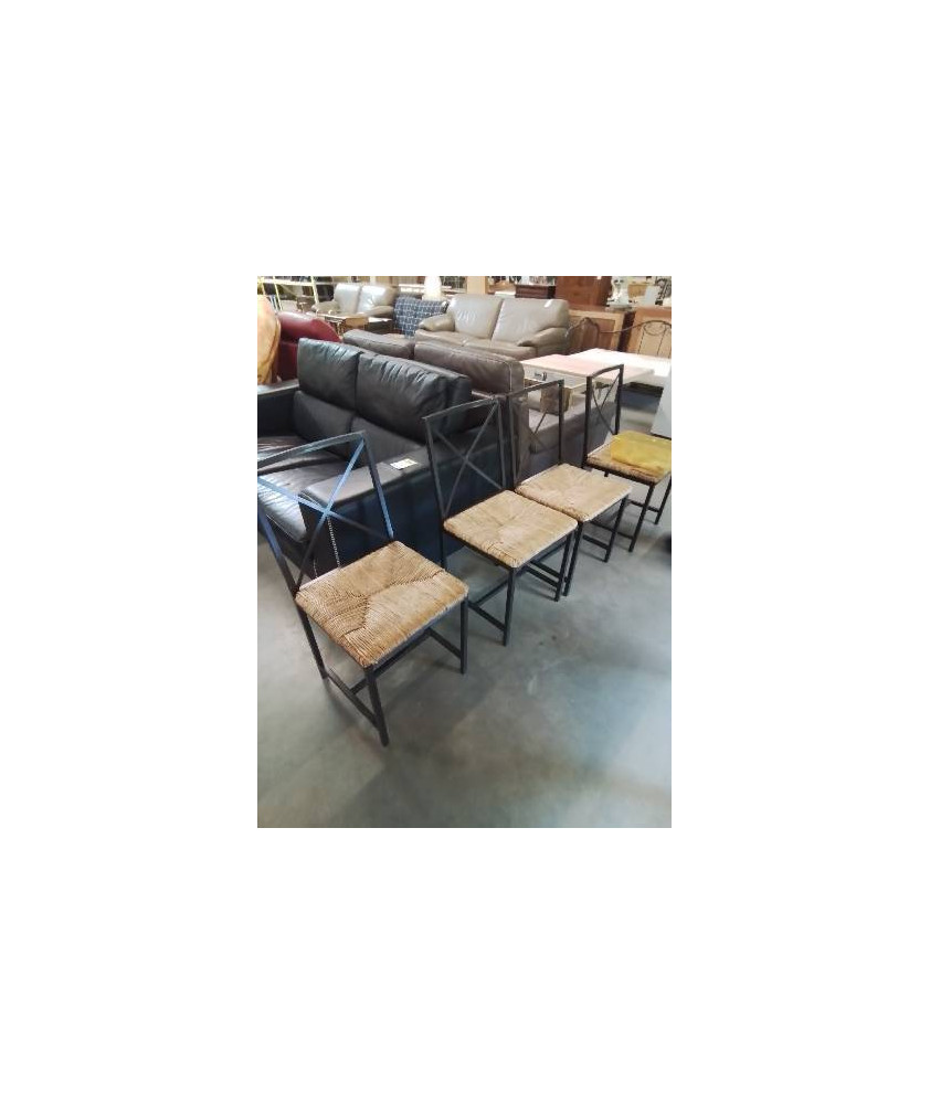 4 CHAISES PIÈTEMENT MÉTAL NOIR ASSISE PAILLÉE