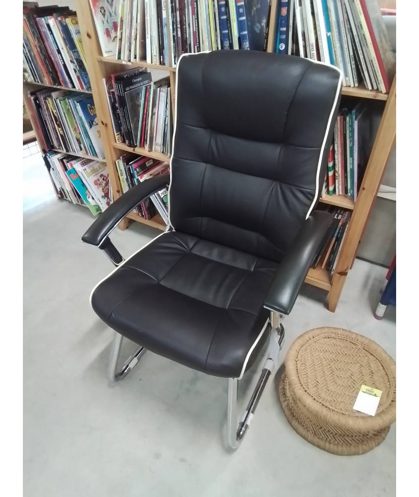 FAUTEUIL DE BUREAU MÉTAL CHROMÉ ET CUIR NOIR 