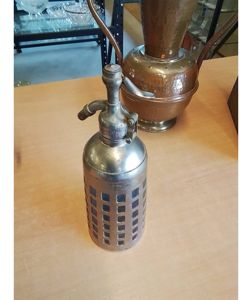 SYPHON VERRE TEINTE BLEU GAINÉ MÉTAL SIPHONIA PARIS DÉBUT XXE