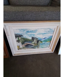 HUILE SUR TOILE VILLAGE EN BORD DE LAC CADRE ANNÉES 50