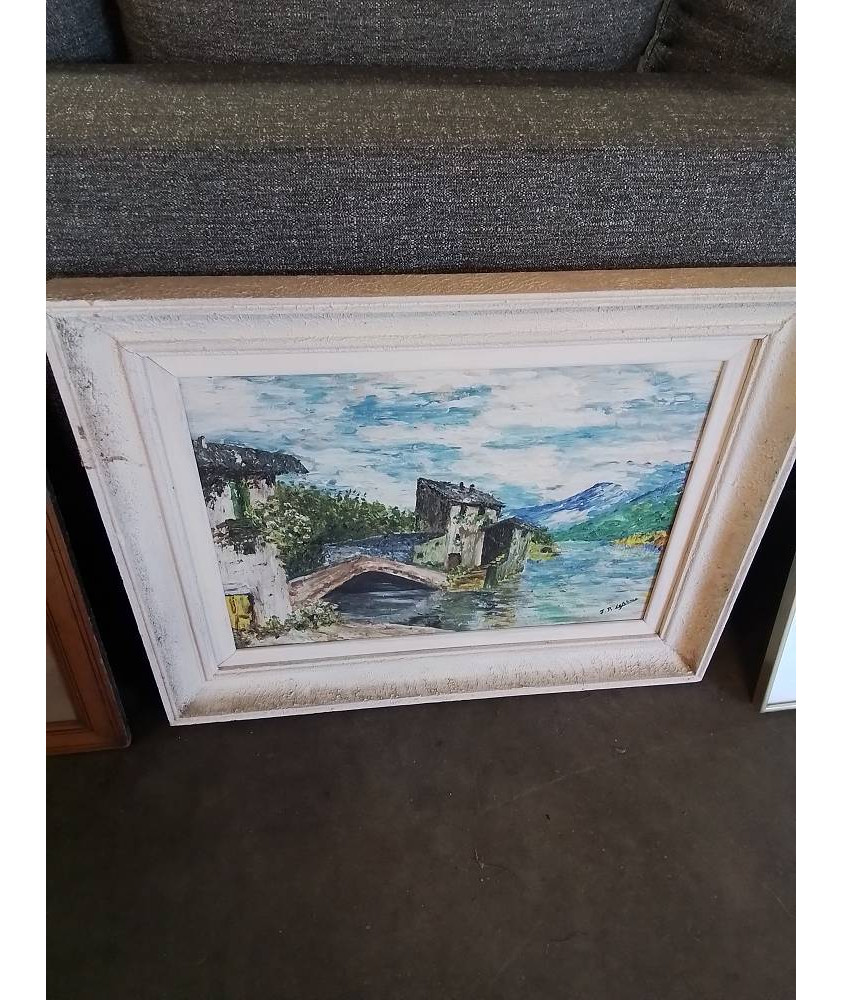 HUILE SUR TOILE VILLAGE EN BORD DE LAC CADRE ANNÉES 50