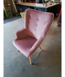 FAUTEUIL TISSU ROSE PIÈTEMENT BOIS CLAIR