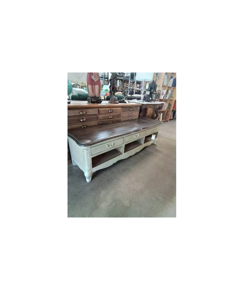 MEUBLE TV BAS BOIS 3 TIROIRS 3 NICHES COUNTRY CORNER PAR INTERIOR’S 