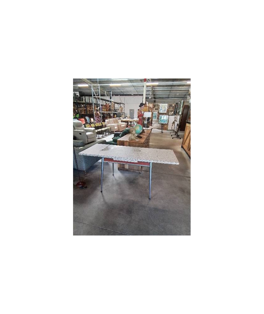 TABLE RECTANGULAIRE A RALLONGES FORMICA GRIS BLANC PIÈTEMENT MÉTAL CHROMÉ ANNÉES 70