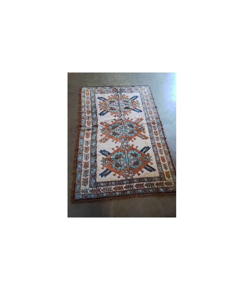 TAPIS LAINE FAIT MAIN ECRU BLEU ORANGÉ 193X127CM
