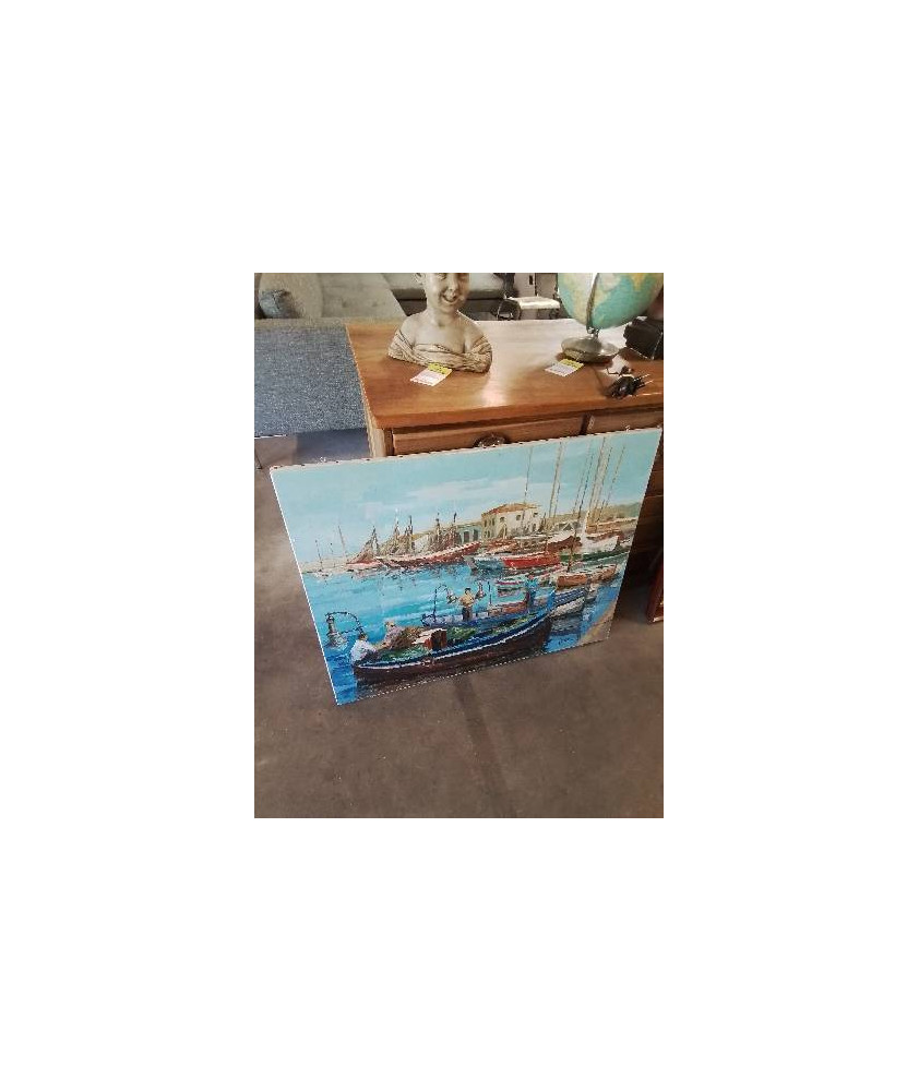 HUILE SUR TOILE BATEAUX AU PORT JEAN BERTHOMIEU