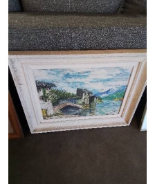 HUILE SUR TOILE VILLAGE EN BORD DE LAC CADRE ANNÉES 50
