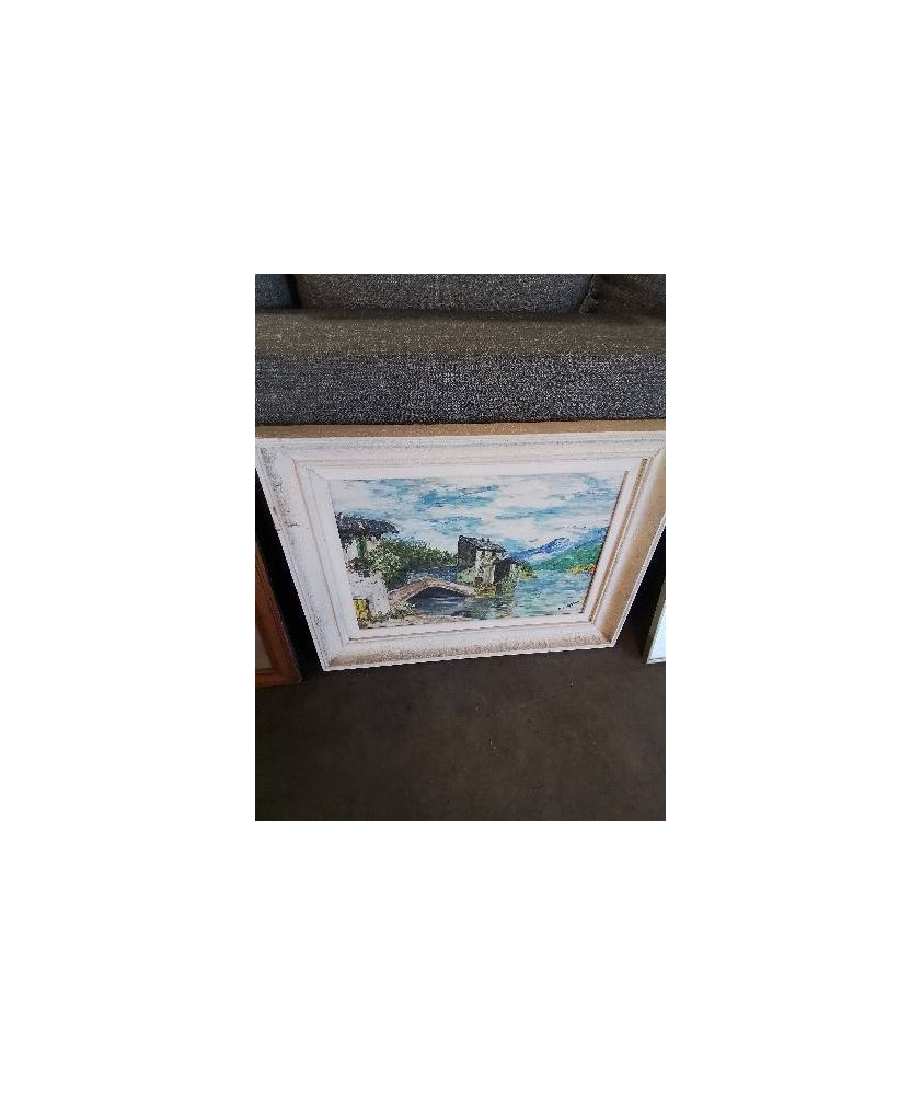 HUILE SUR TOILE VILLAGE EN BORD DE LAC CADRE ANNÉES 50