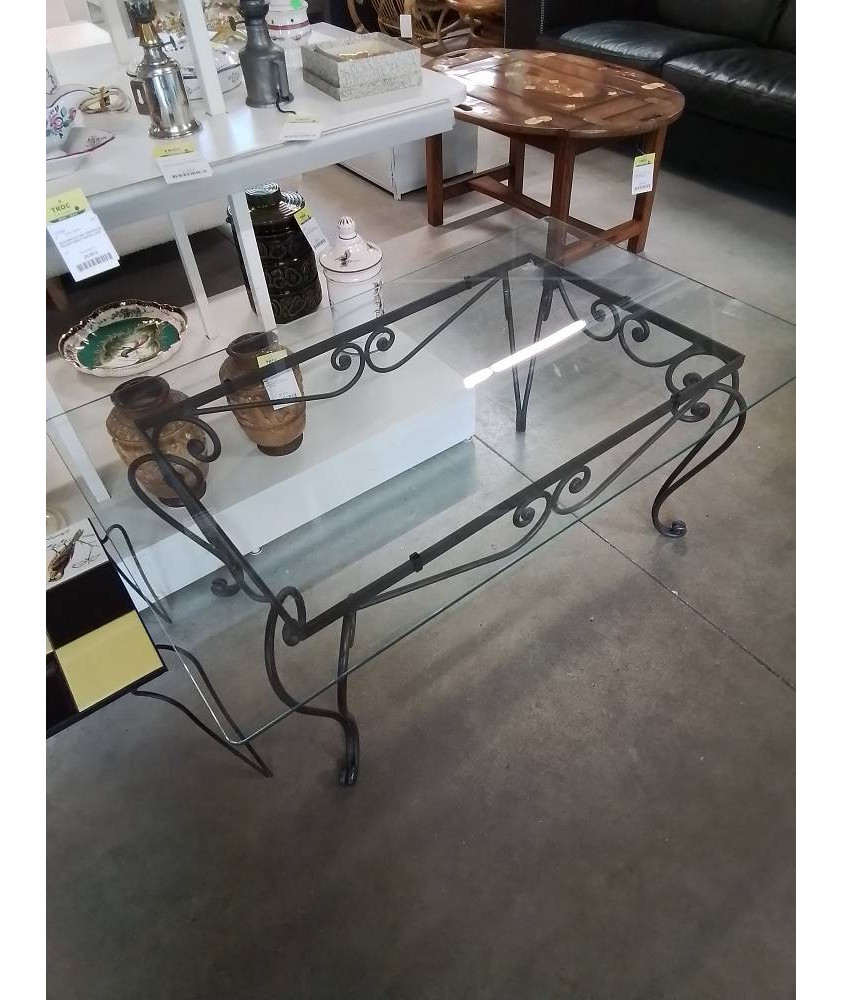 TABLE BASSE RECTANGULAIRE PIÈTEMENT FER FORGÉ NOIR PLATEAU VERRE 