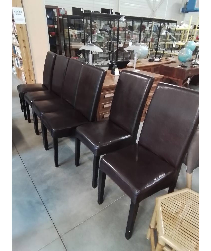 7 CHAISES PIÈTEMENT BOIS NOIR ASSISE PU CHOCOLAT 