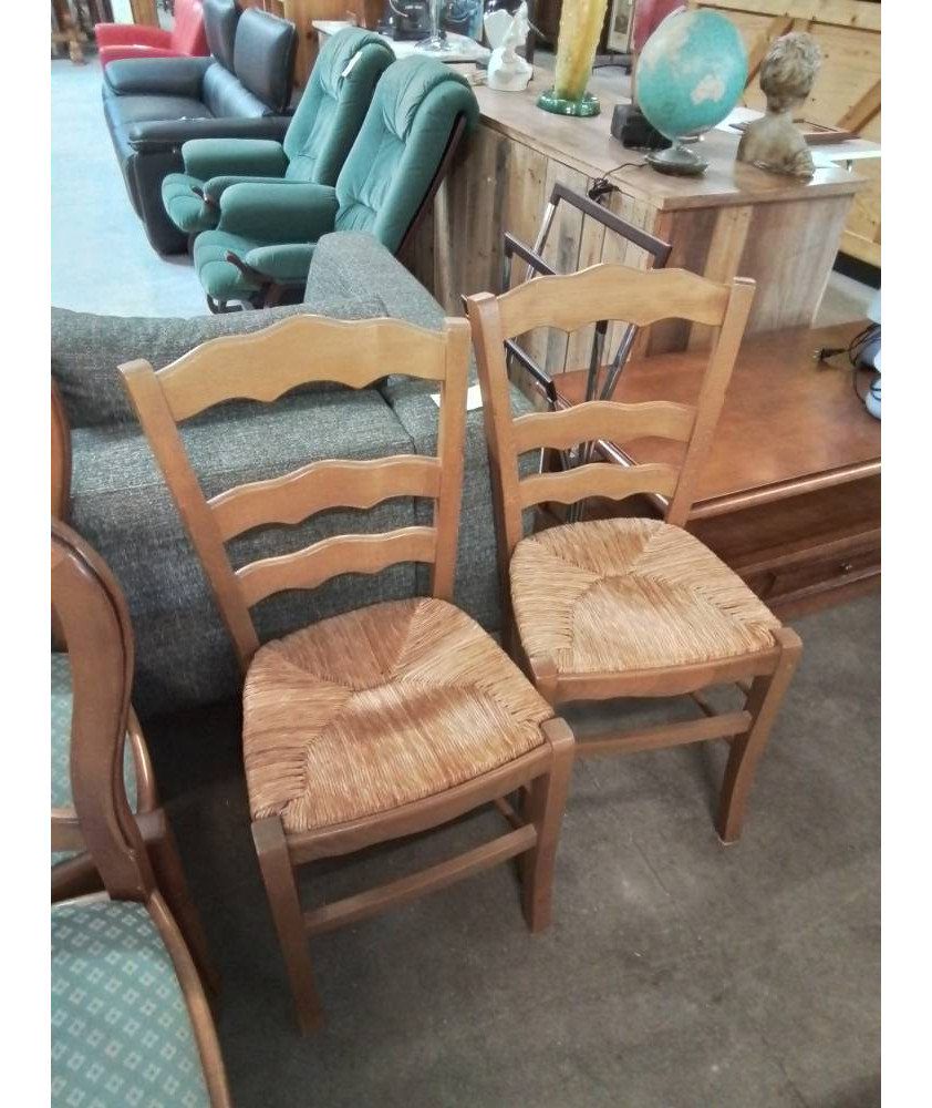 PAIRE DE CHAISES BOIS CLAIR PAILLÉ DOSSIER 3 BARREAUX CHANTOURNÉ 
